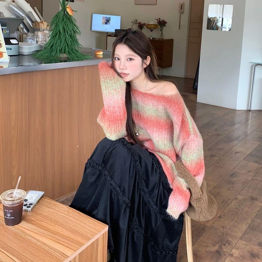 Off Shoulder Striped Oversized Sweater / Mid Rise Plain Maxi A-Line Skirt Product Image