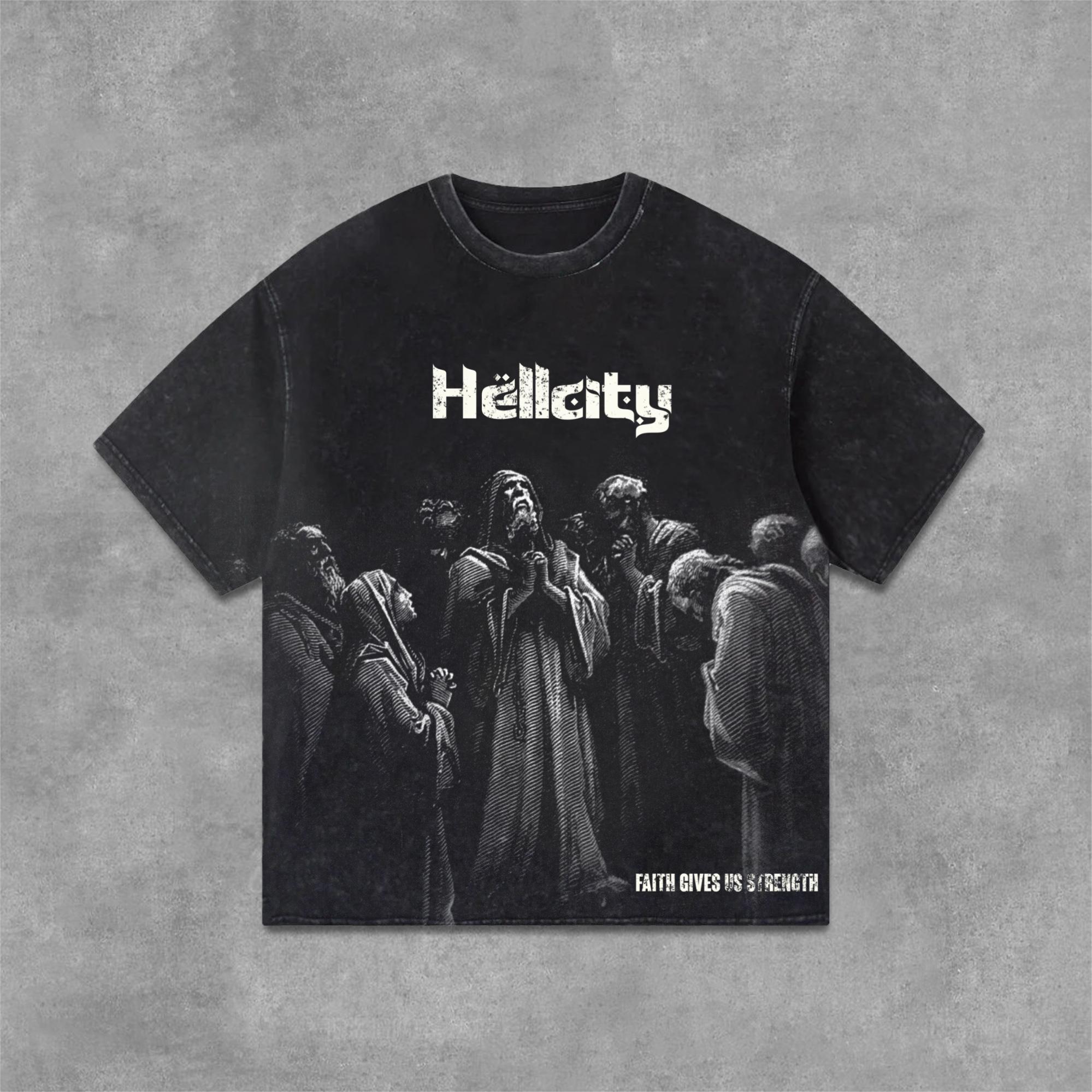 Hellcity-Belief In God Graphics Acid Washed T-Shirt Product Image