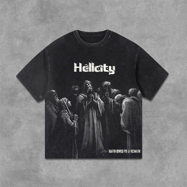 Hellcity-Belief In God Graphics Acid Washed T-Shirt Product Image