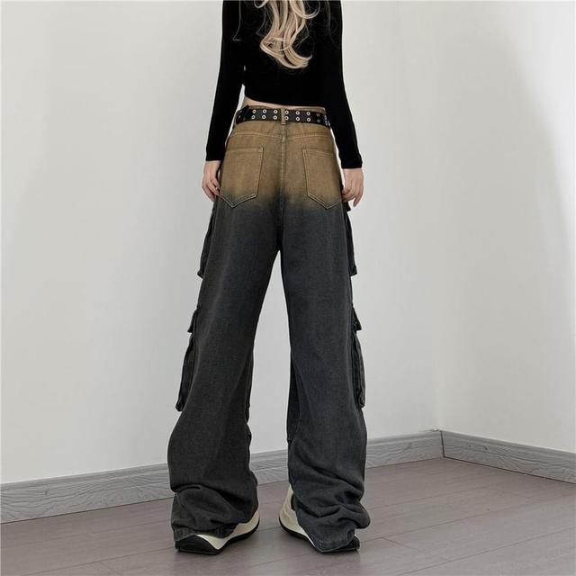 Mid Waist Gradient Washed Wide Leg Cargo Jeans Product Image