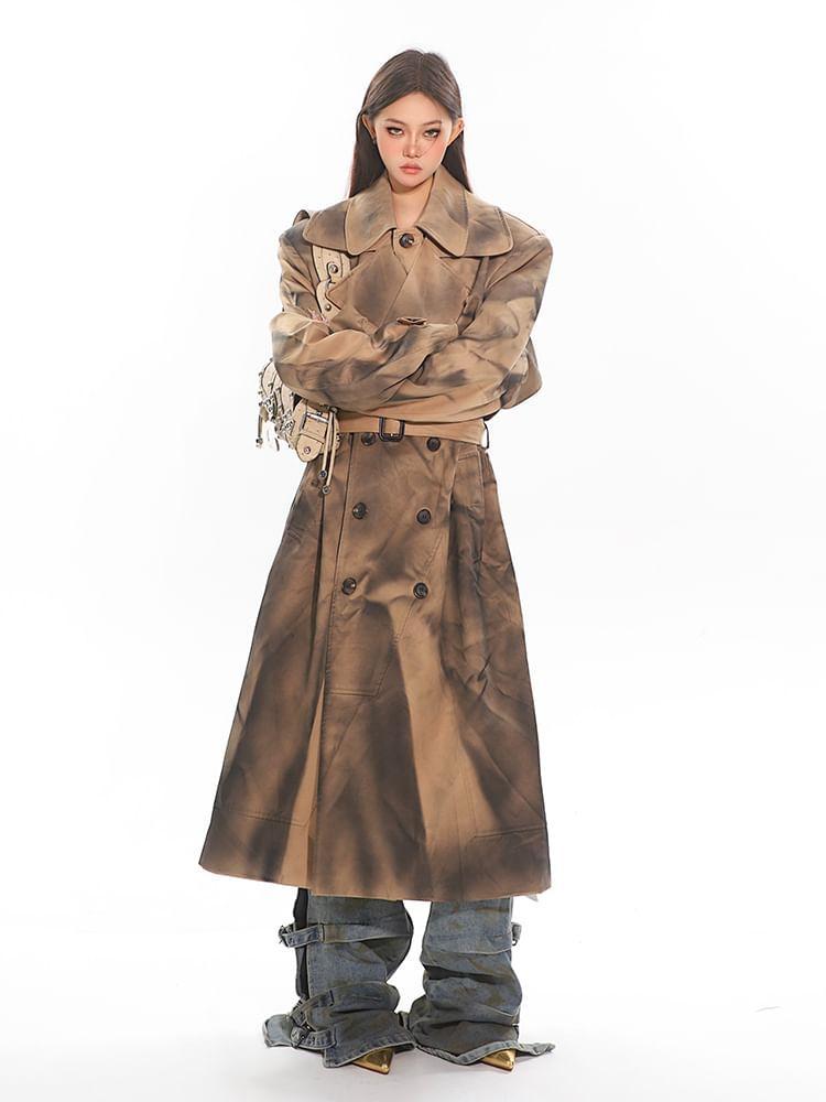 Collared Tie Dye Midi Double Breasted Belted Trench Coat Product Image