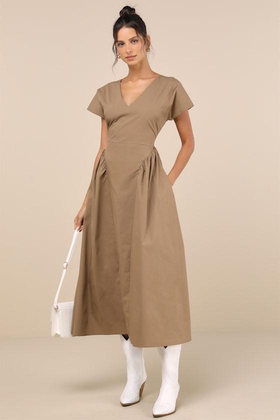 Modern Concept Khaki Short Sleeve V-Neck Midi Dress With Pockets Product Image