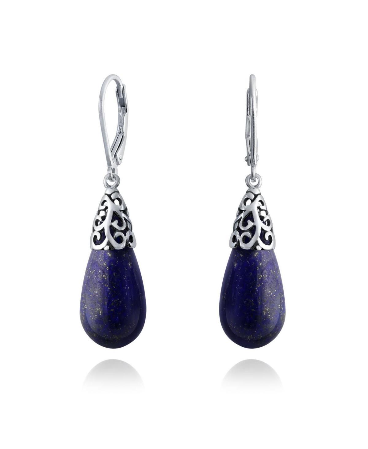 Bling Jewelry Western Style Blue Natural Lapis Lazuli Elongated Teardrop Filigree Lever Back Dangle Earrings For Women Sterling Silver - Blue lapis la Product Image