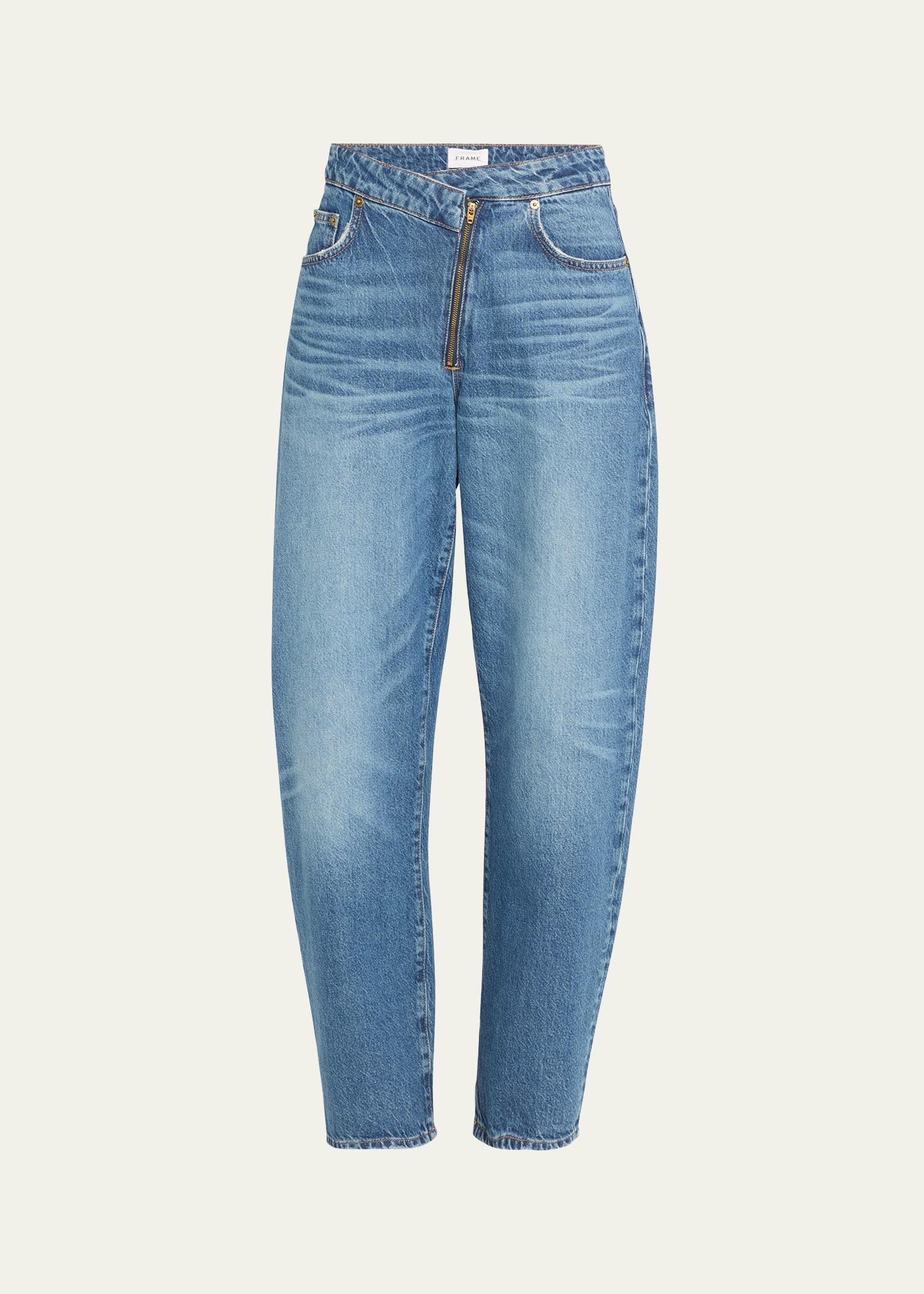 Angled-Zip Long Barrel Jeans Product Image