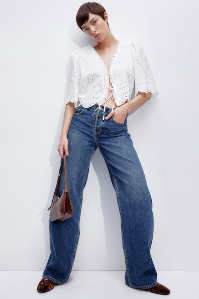 Cropped Blouse with Eyelet Embroidery Product Image