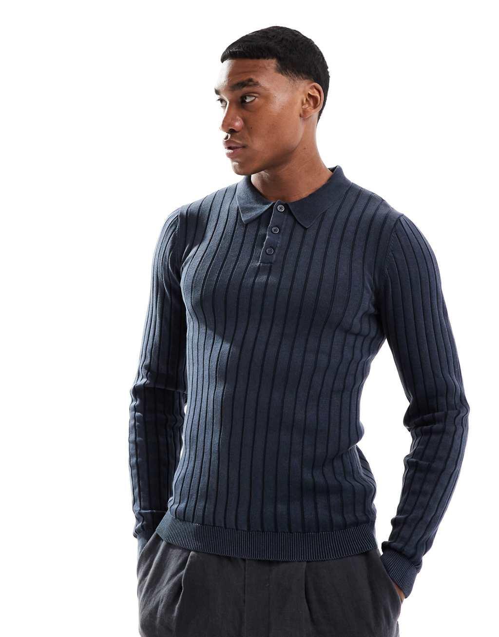 ASOS DESIGN knitted washed muscle rib polo sweater in navy  Product Image