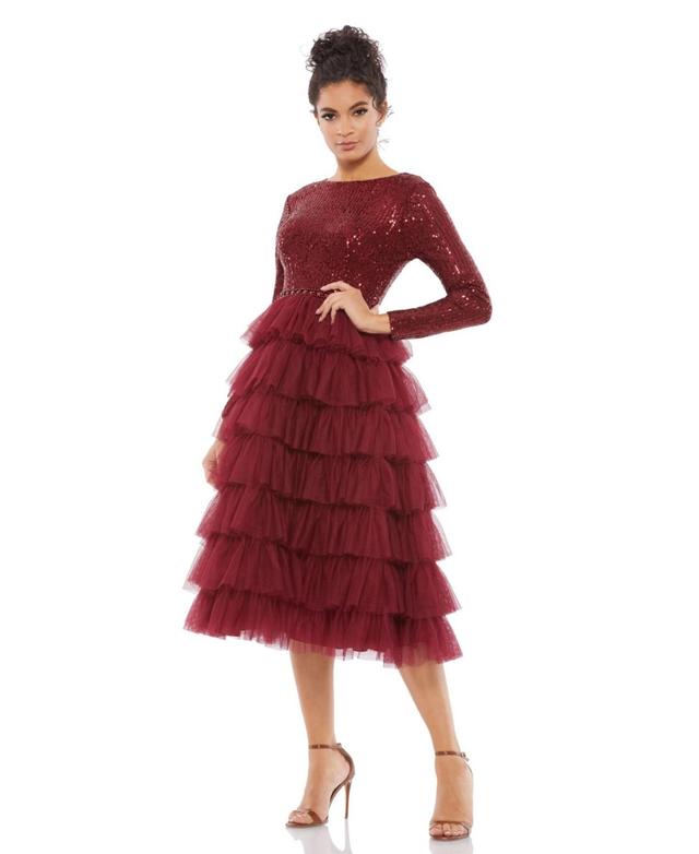 Mac Duggal Sequin Tiered Long Sleeve Tulle Cocktail Dress Product Image