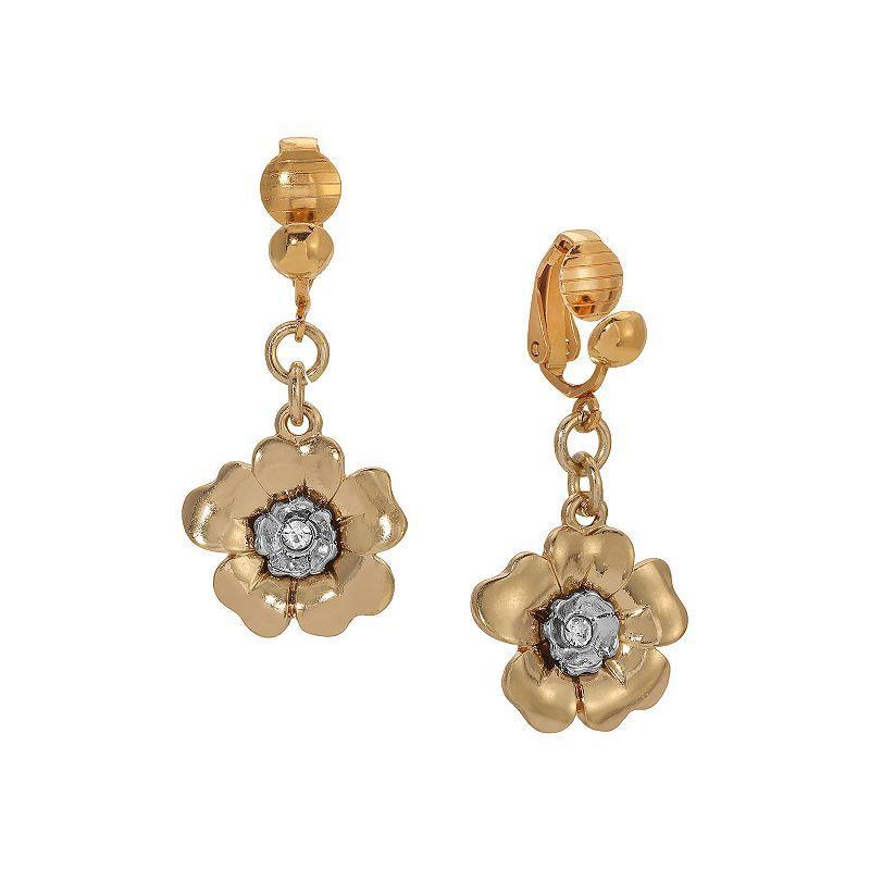 1928 Two Tone Crystal Flower Drop Clip Earrings, Womens, White Product Image