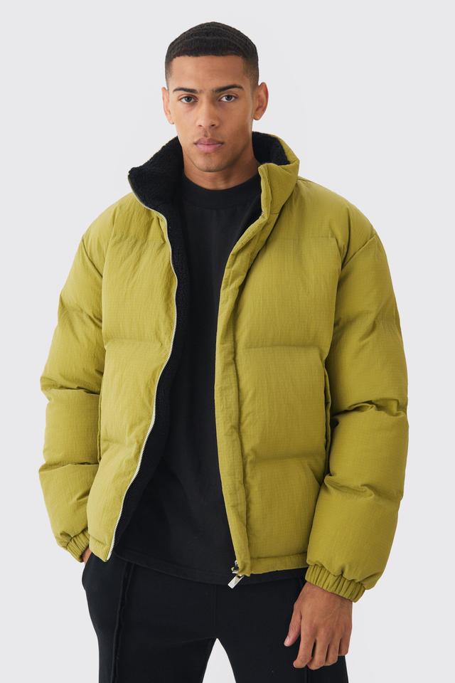 Embroidered Ripstop Funnel Neck Puffer In Olive | boohooMAN USA Product Image