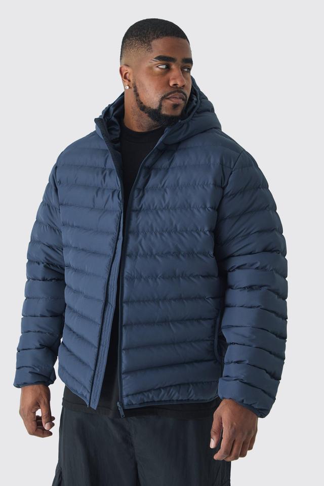 Plus Zip Through Hooded Puffer Jacket In Navy | boohooMAN USA Product Image