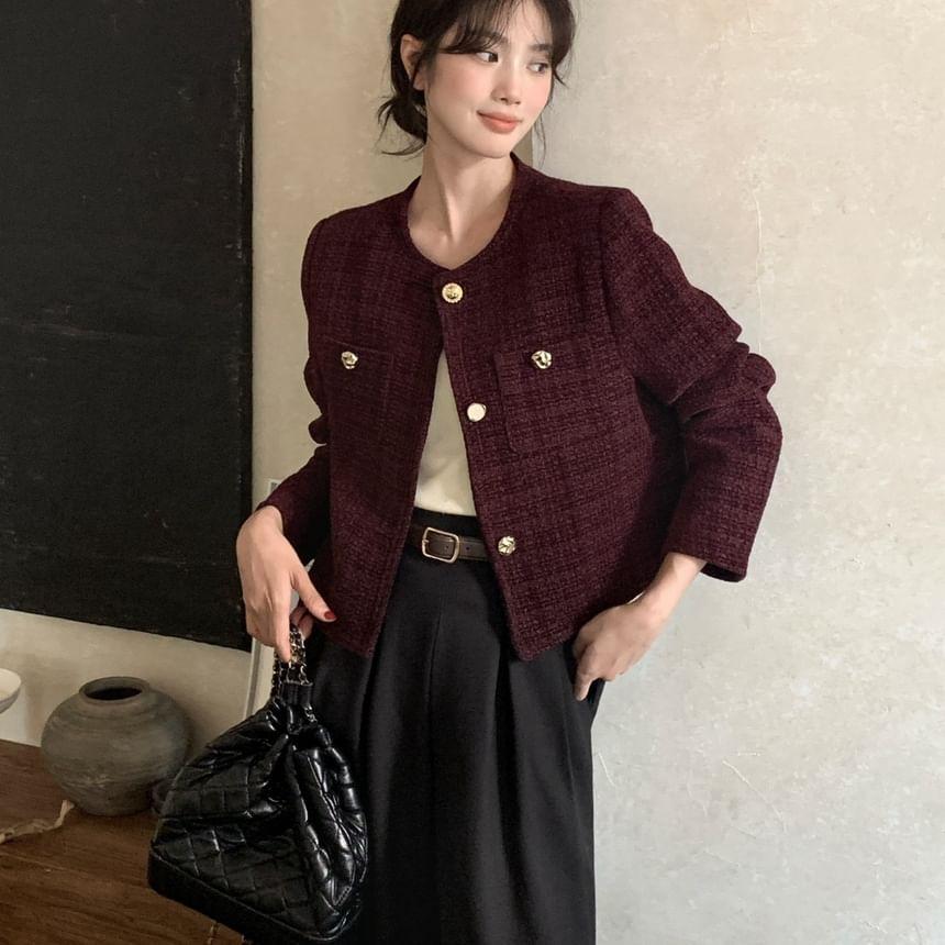 Crew Neck Plain Button-Up Tweed Crop Jacket Product Image