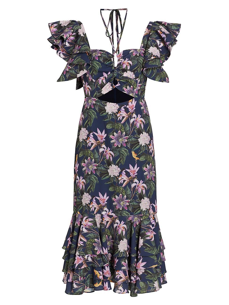 Womens Chocolate Floral-Print Ruffled Midi-Dress Product Image