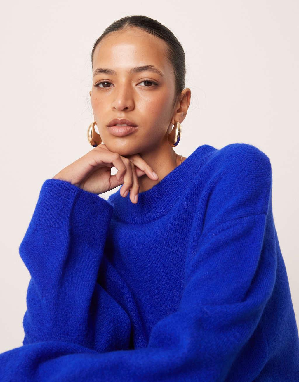 ASOS DESIGN crew neck knitted fluffy sweater in cobalt Product Image