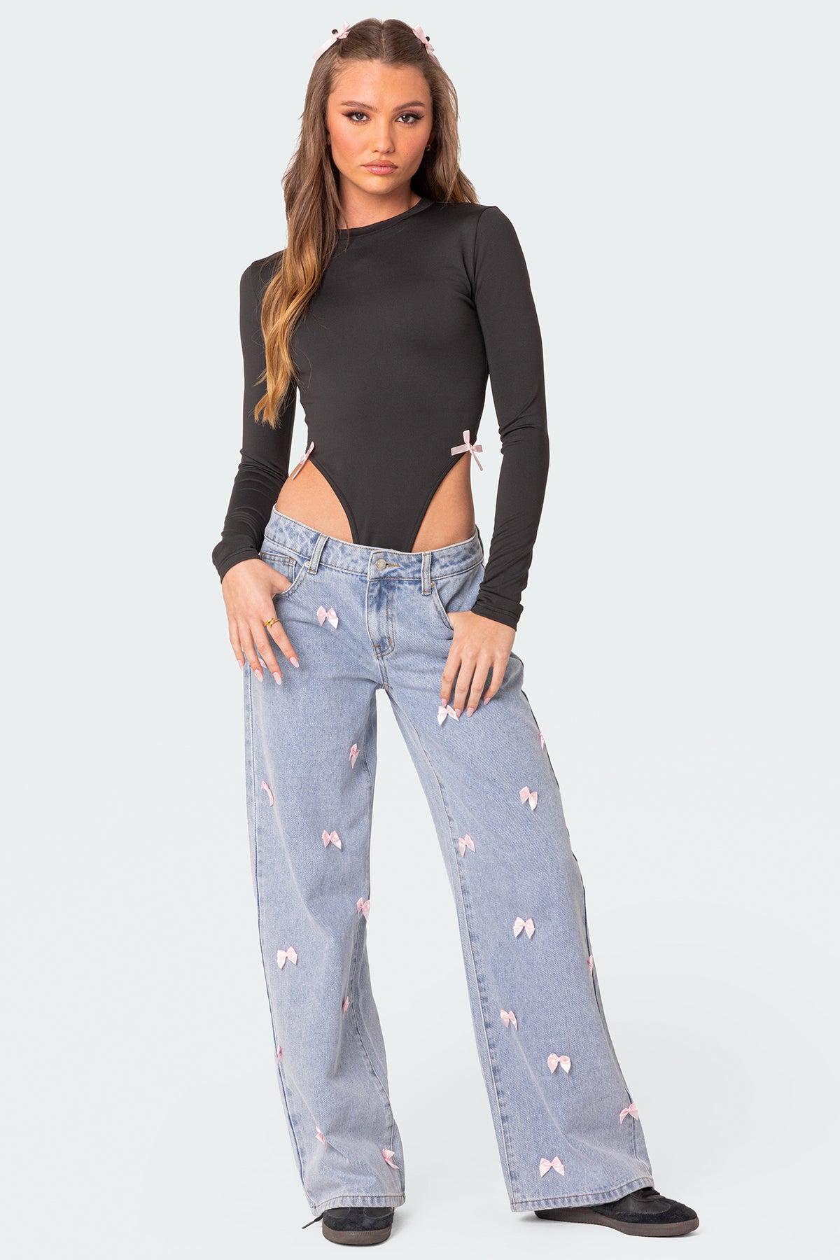 Lucille Low Rise Satin Effect Bow Jeans Product Image