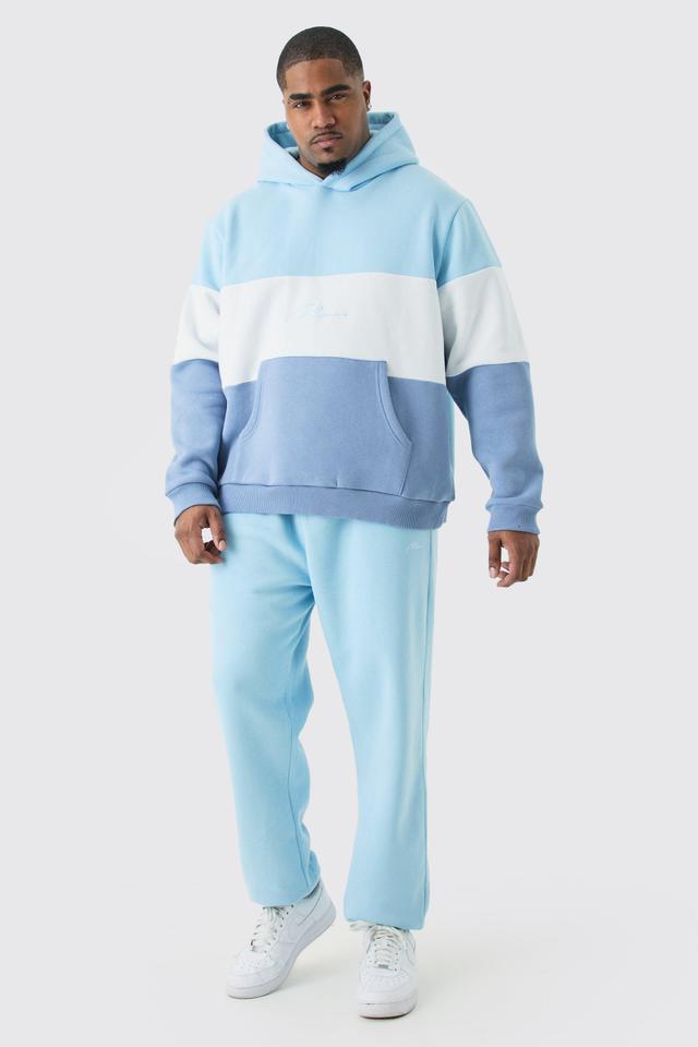 Plus Colour Block Man Hooded Tracksuit In Light Blue | boohooMAN USA Product Image