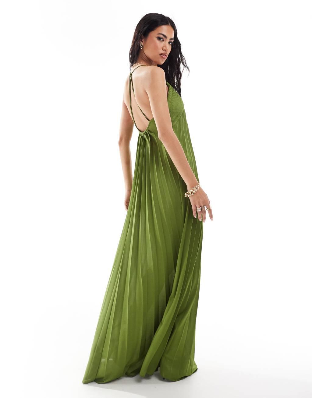 ASOS DESIGN scooped out halter pleated maxi dress in olive Product Image