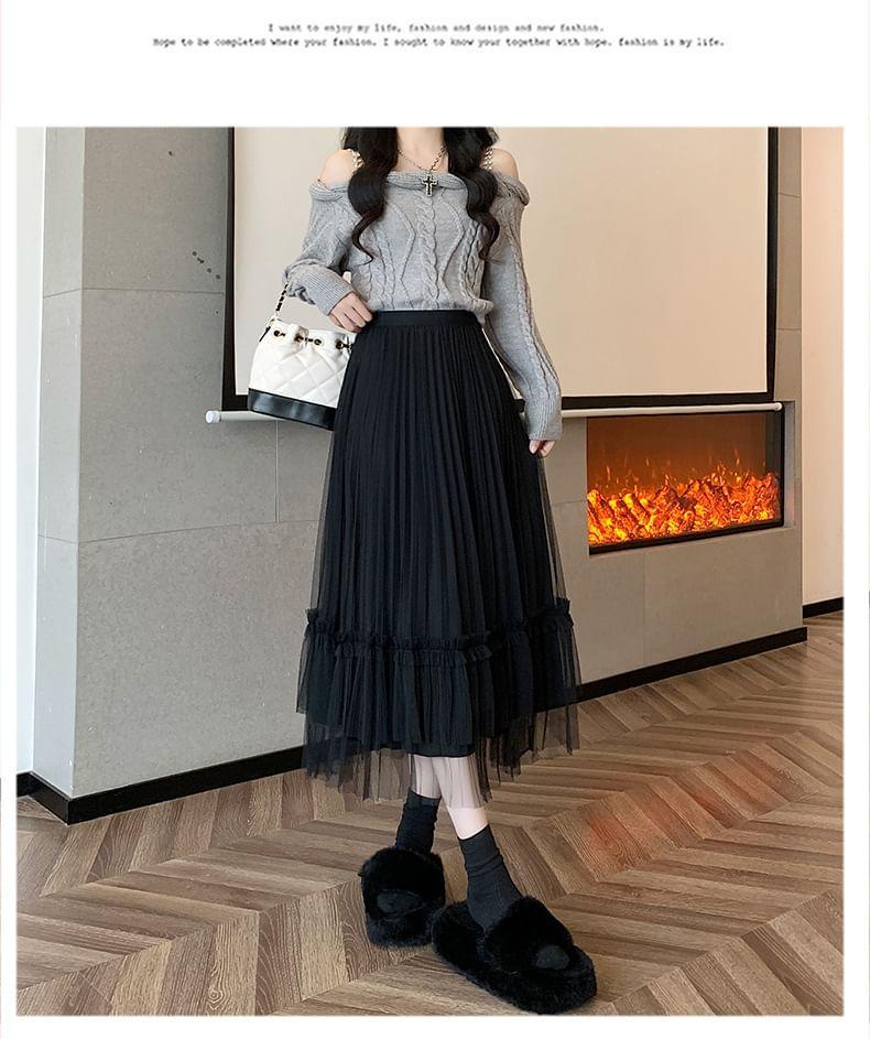 High Waist Plain Ruffle Accordion Pleated Mesh Midi A-Line Skirt Product Image