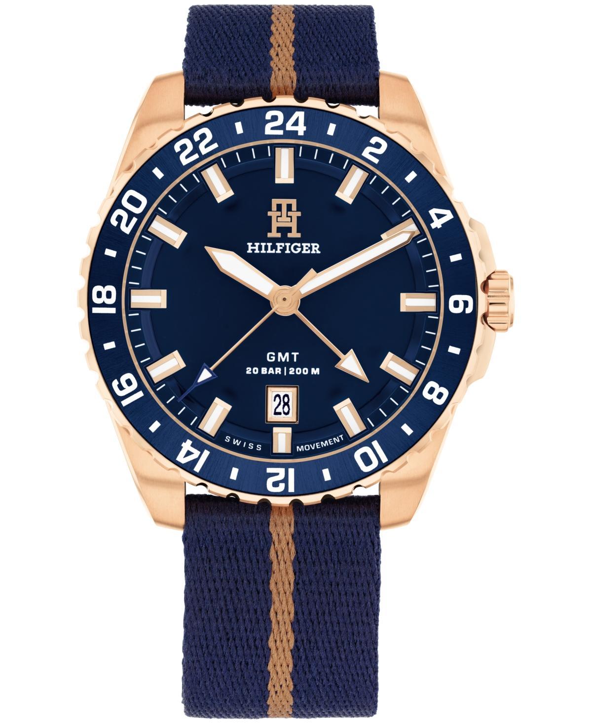 Tommy Hilfiger Mens Swiss Blue and Rose Gold Ocean Tide Textile Watch 42mm - Navy Product Image