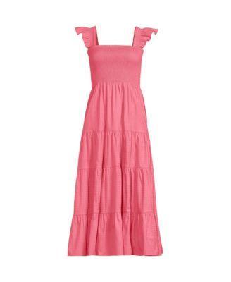 Womens Lands End Cotton Dobby Smocked Ruffle Shoulder Midi Dress Product Image