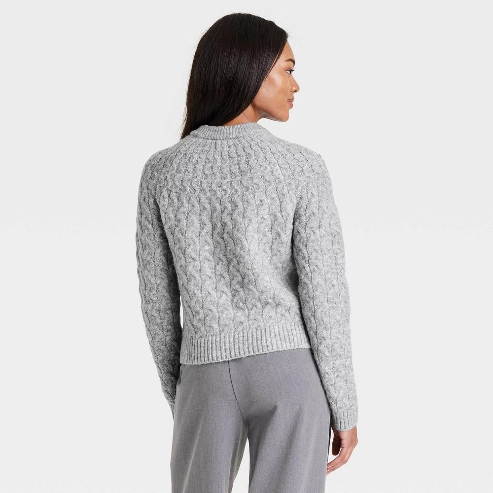 Women's Cable Crewneck Pullover Sweater - A New Day™ Gray L Product Image