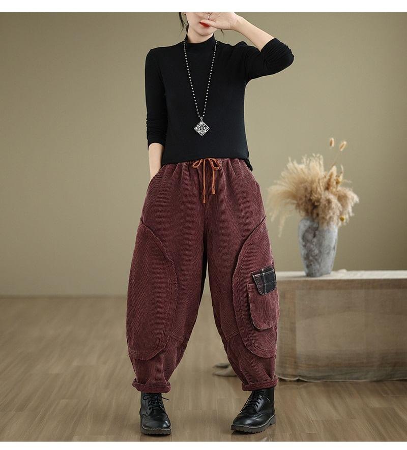 Drawstring Waist Plaid Panel Corduroy Cropped Baggy Pants Product Image