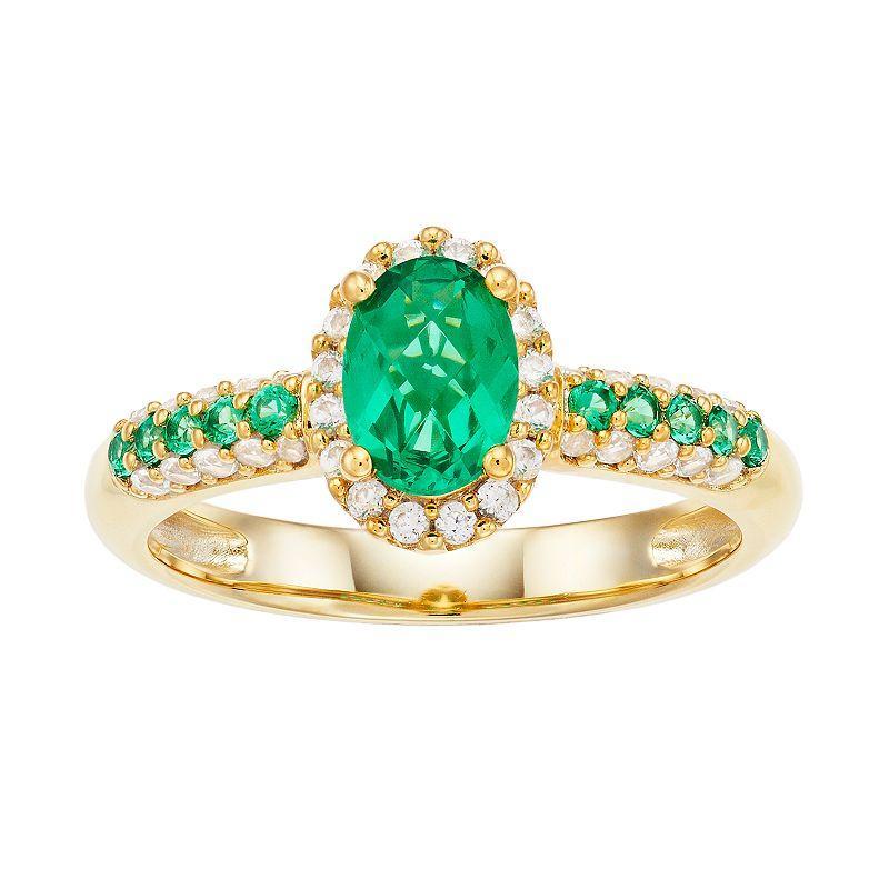 14K Gold Over Silver Lab Created Emerald Lab Created White Sapphire Oval Halo Ring, Womens Gold Tone Product Image