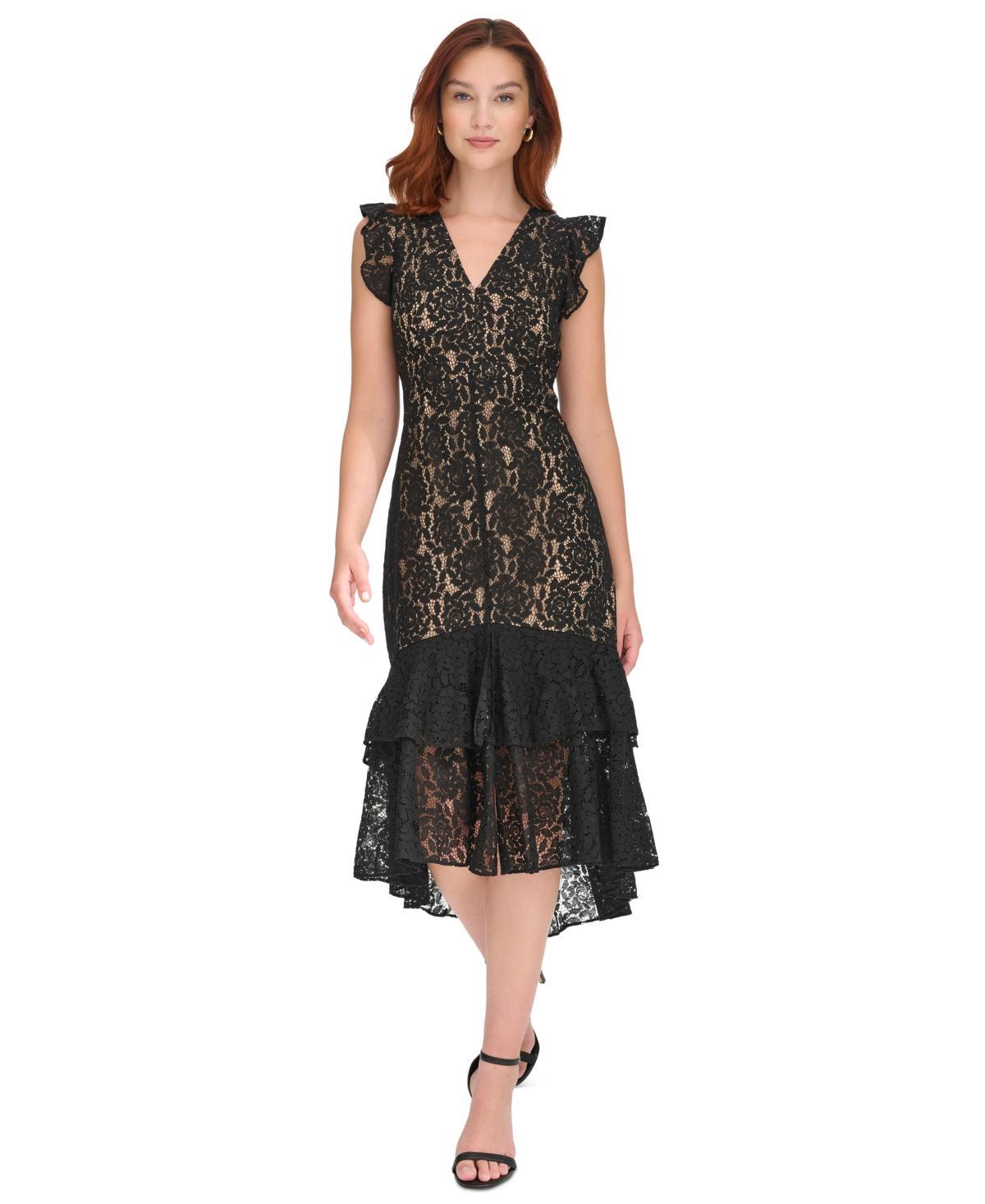 Tommy Hilfiger Womens V-Neck Ruffle-Trim Lace Dress Product Image