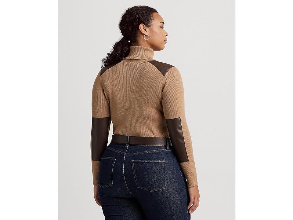 LAUREN Ralph Lauren Plus Size Faux Leather Trim Ribbed Turtleneck (Classic Camel) Women's Sweater Product Image