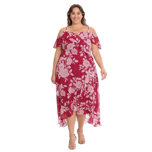 Plus Size London Times Cold Shoulder Ruffle Faux Wrap Dress, Womens Dark Red Product Image