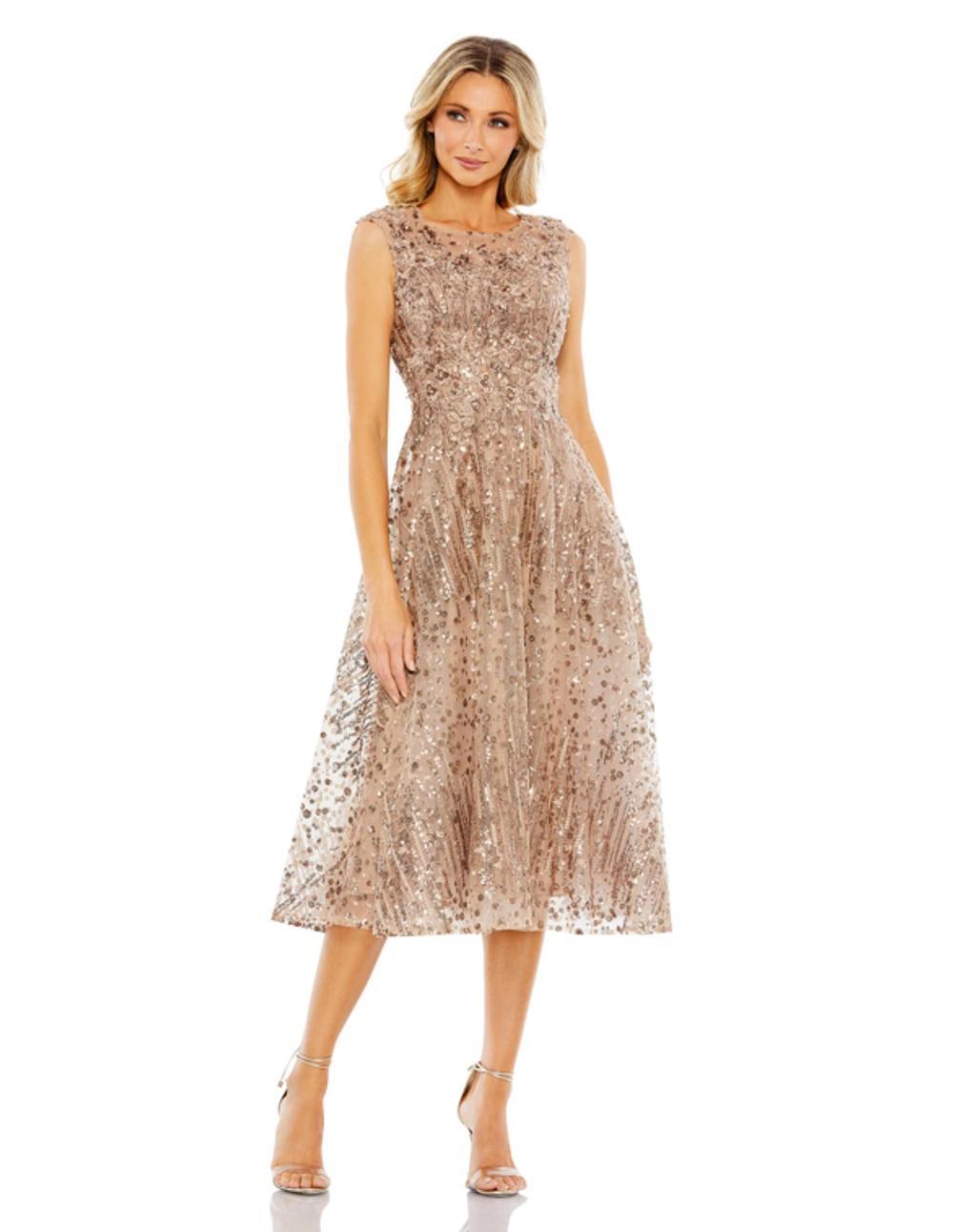 Women's Sequined Cap Sleeve Fit And Flare Dress In Bronze Product Image