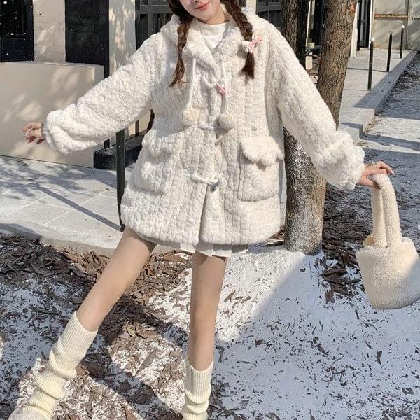 Plain Pom Pom Fluffy Hooded Toggle Coat Product Image