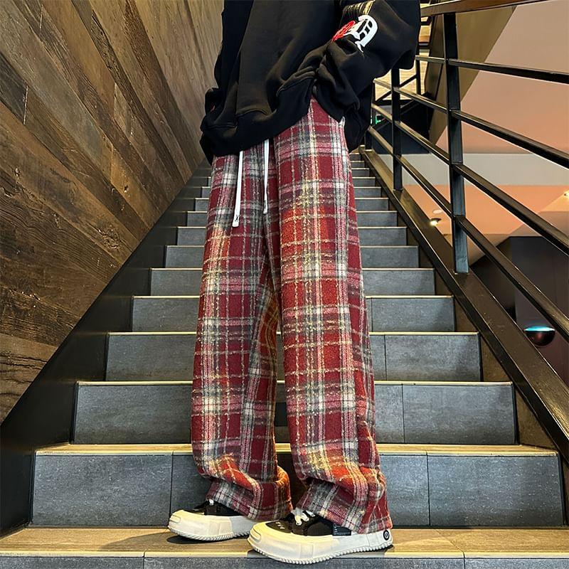 High Waist Plaid Wide Leg Pants Product Image