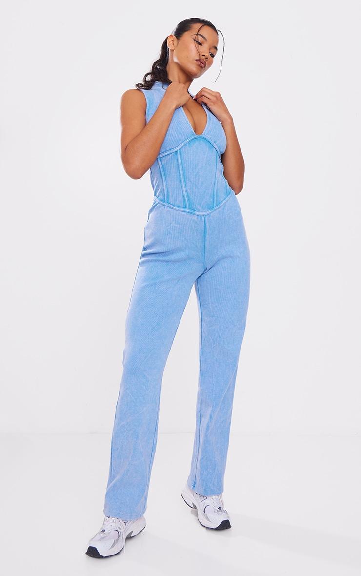 Blue Seam Detail Straight Leg Rib Jumpsuit Product Image