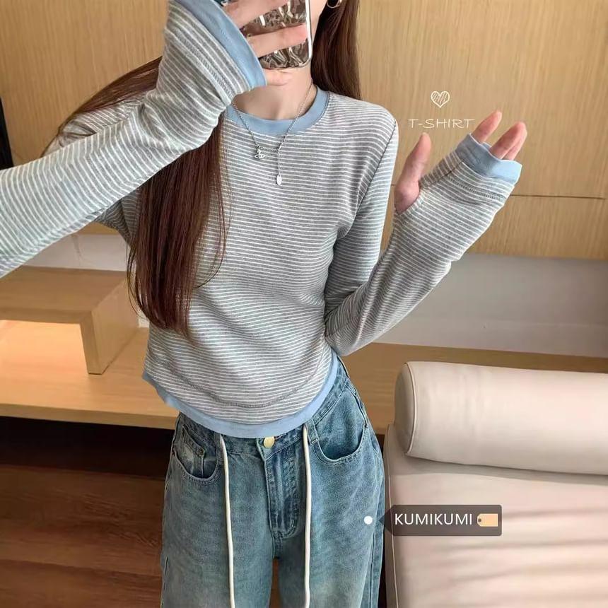 Long-Sleeve Crew Neck Mock Two-Piece Striped Contrast Trim Crop Tee Product Image