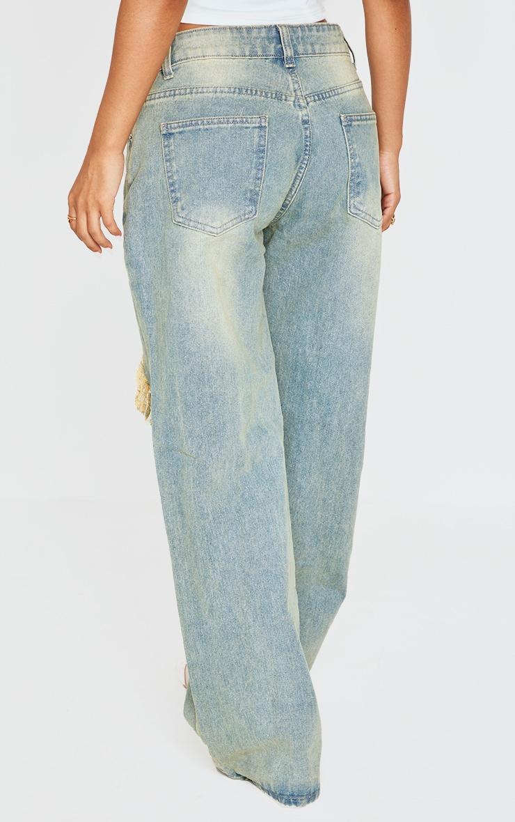 Petite Indigo Vintage Wash Extreme Rip Front Straight Leg Jeans Product Image