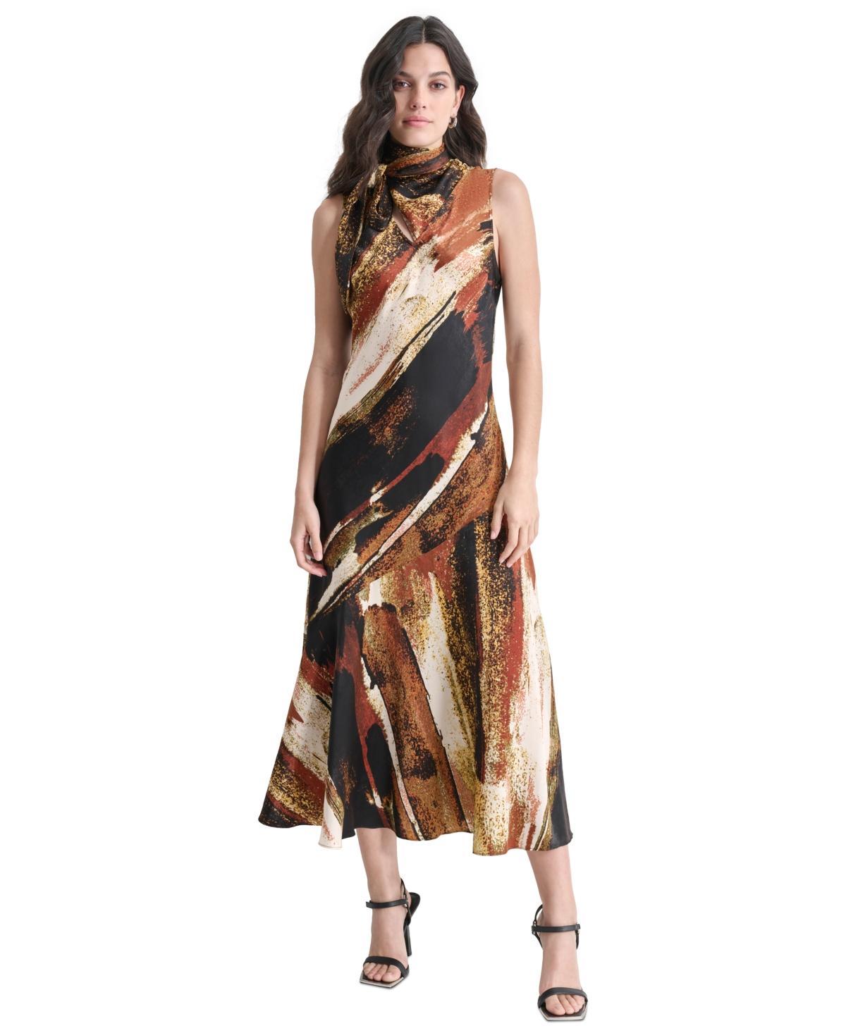 Dkny Womens Sleeveless Printed Tie-Neck Midi Dress Product Image