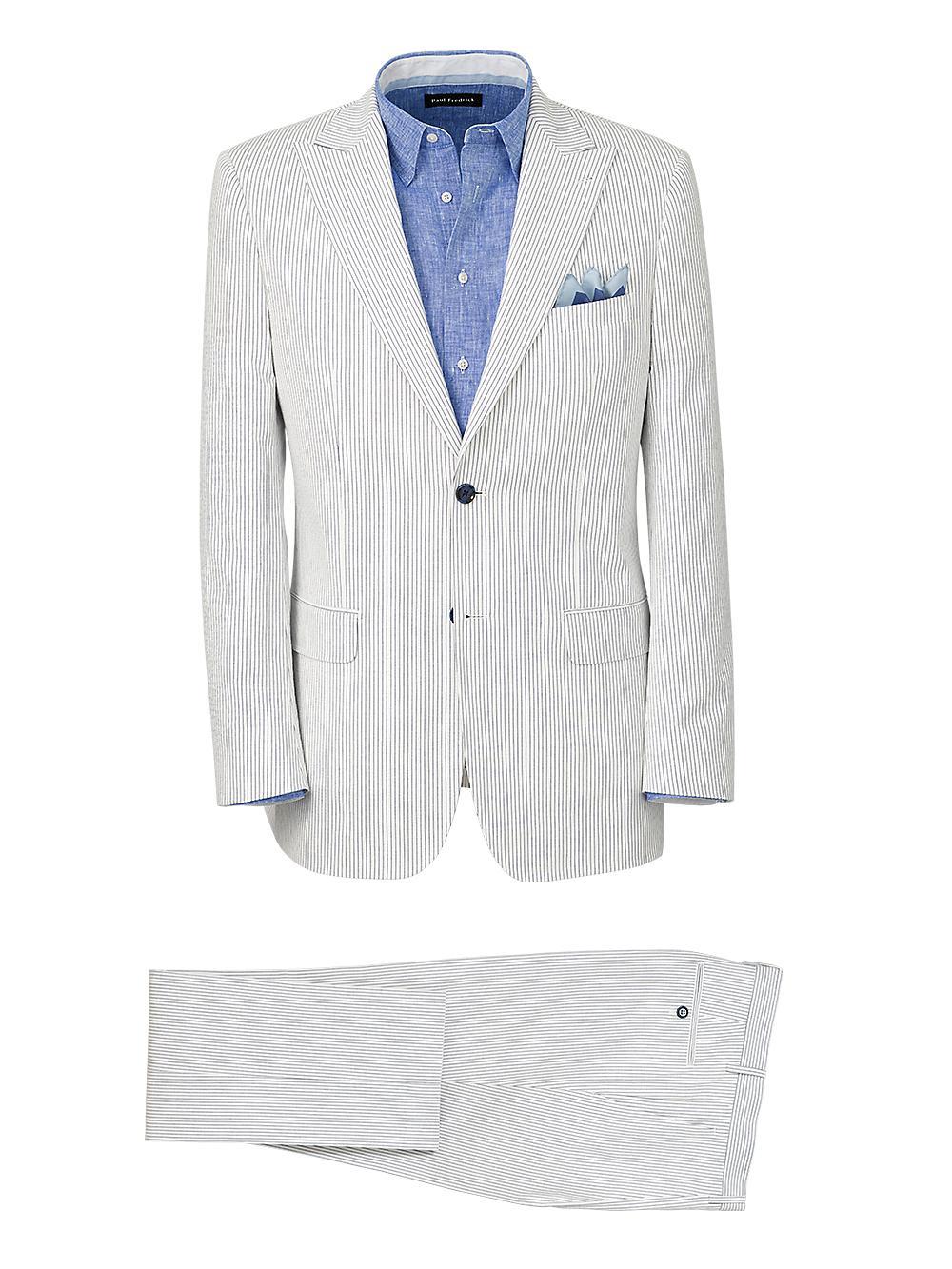 Cotton Stretch Pinstripe Seersucker Peak Lapel Suit - White/blue Product Image