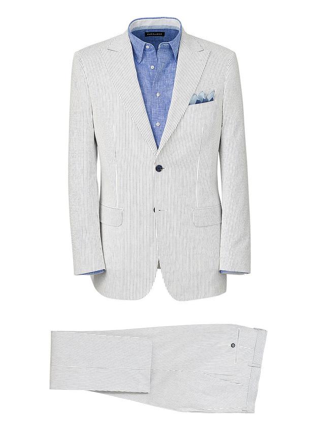 Cotton Stretch Pinstripe Seersucker Peak Lapel Suit - White/blue Product Image