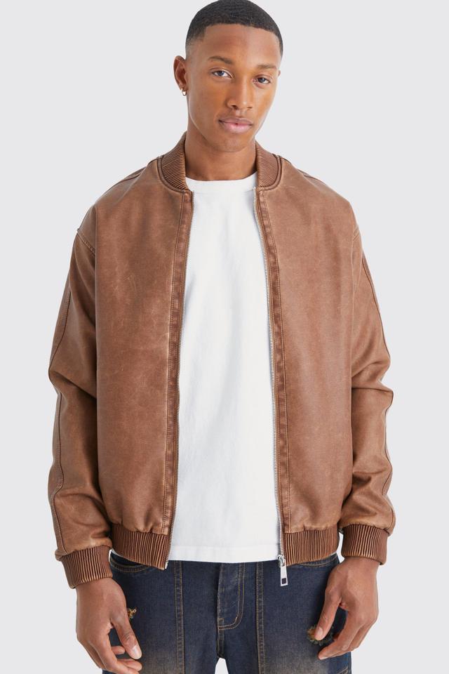 Washed Pu Bomber Jacket | boohooMAN USA Product Image