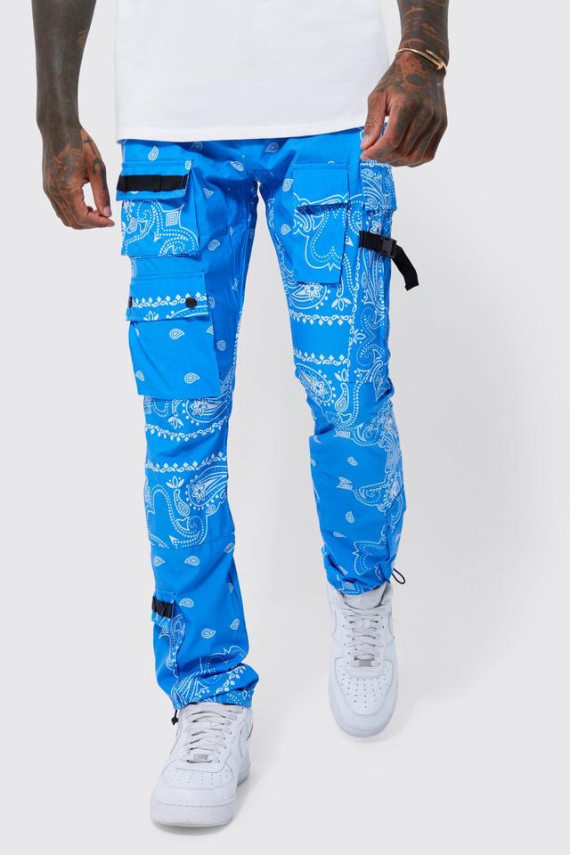 Elasticated Waist Slim Fit Bandanna Print Cargo Pants | boohooMAN USA Product Image