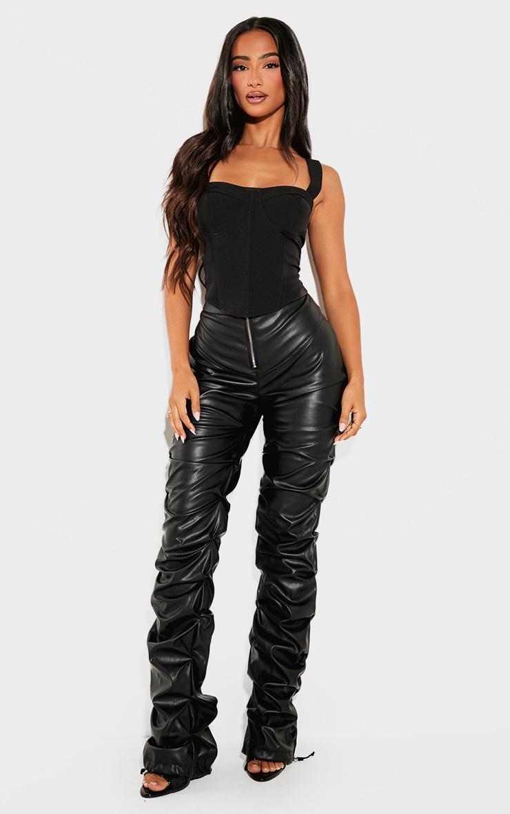 Petite Black Faux Leather Zip Front Ruched Detail Skinny Pants product image