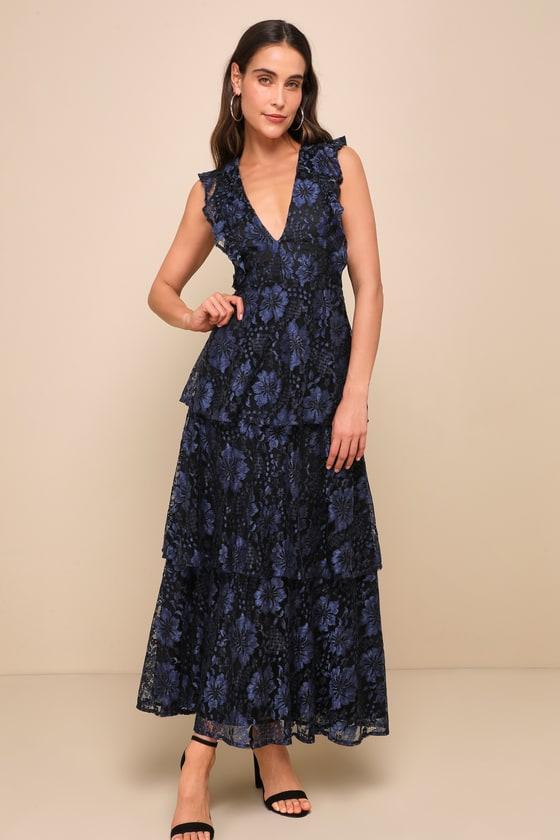 Molinetto Navy Blue Lace Ruffled Tiered Sleeveless Maxi Dress Product Image