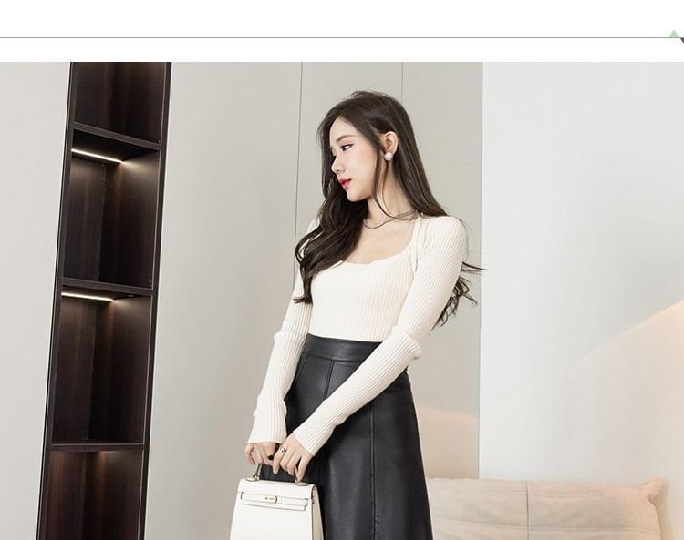 High Waist Plain Faux Leather Midi A-Line Skirt Product Image