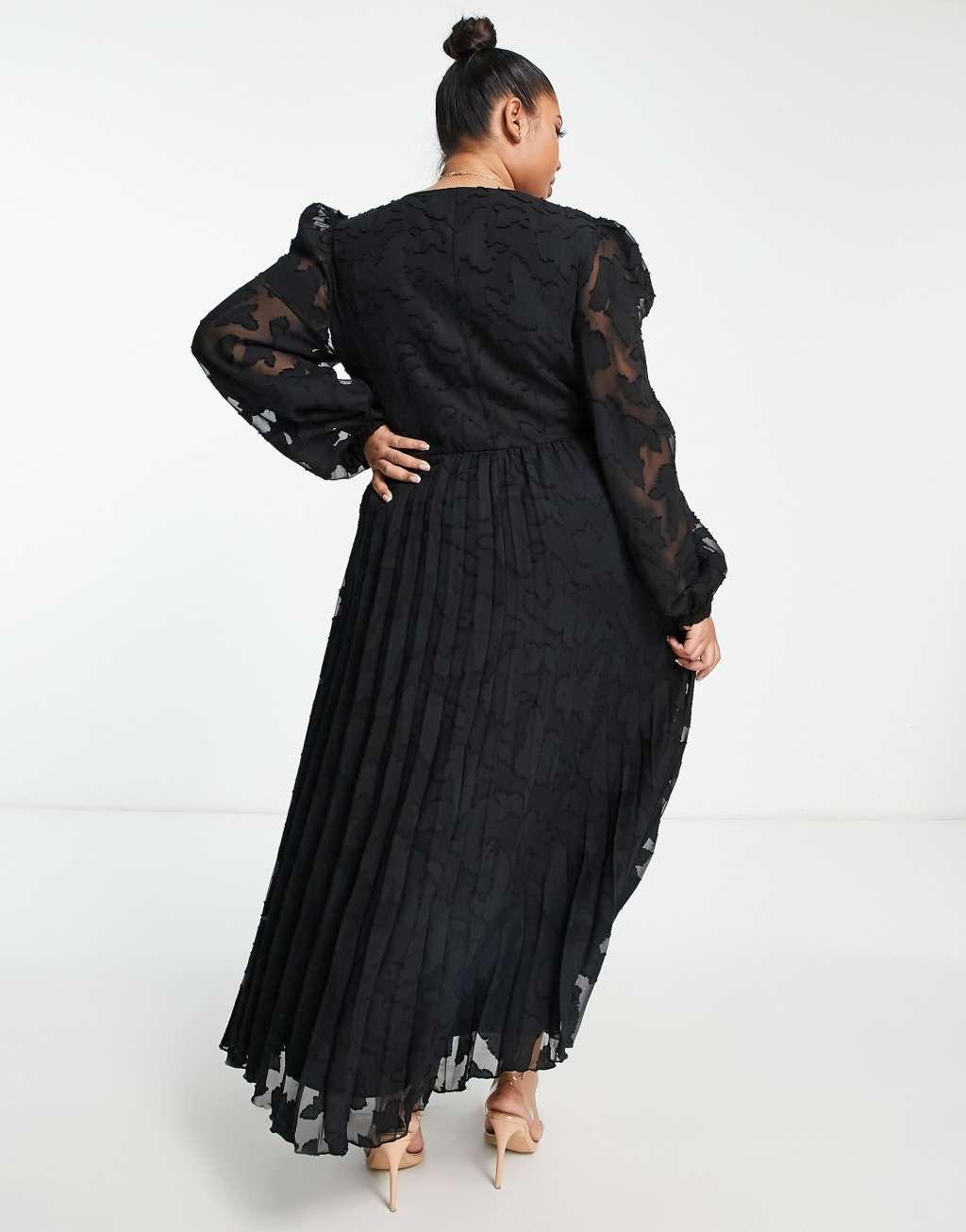 ASOS DESIGN Curve burnout button through shirred waist pleated midi dress in black Product Image