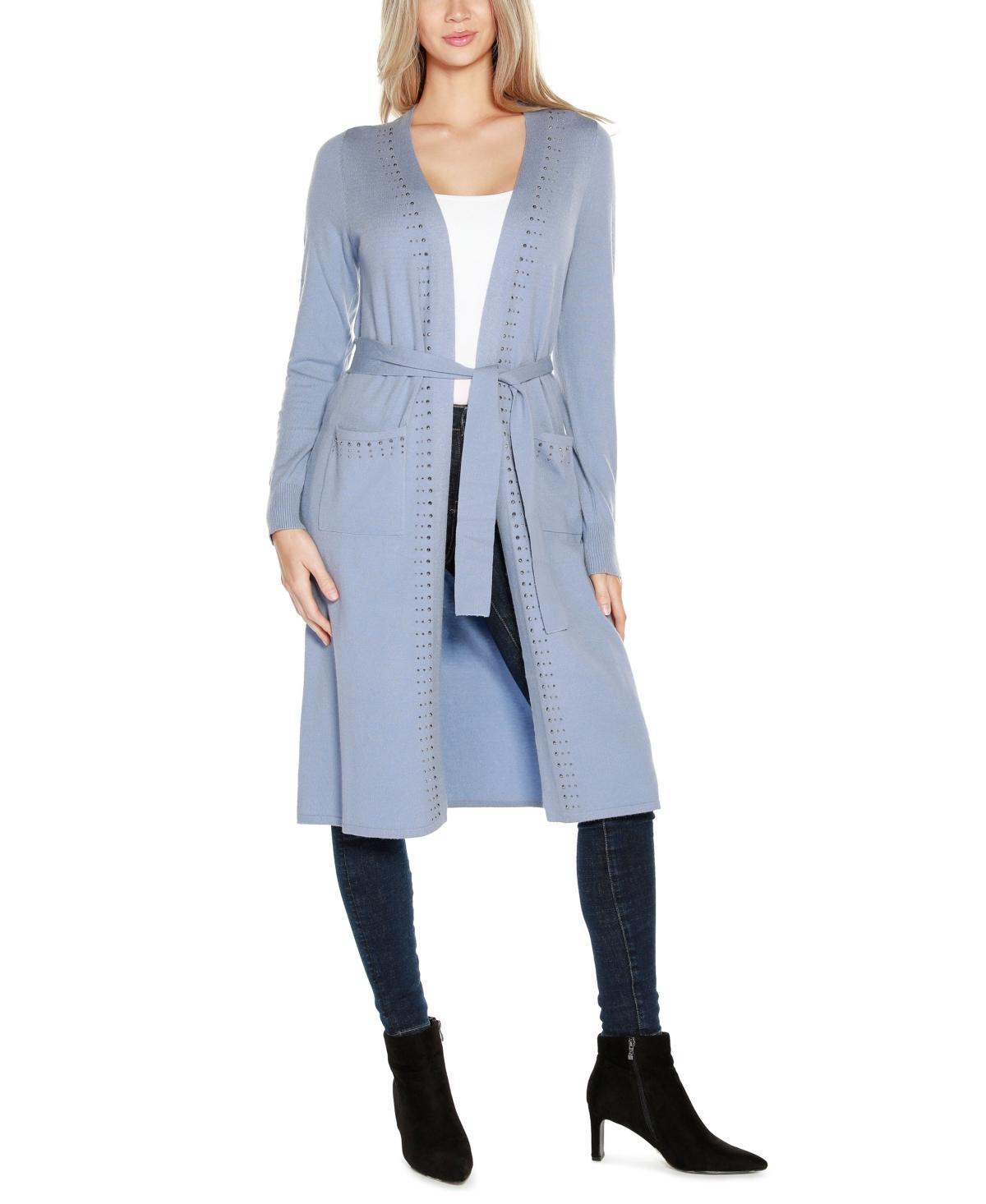 Belldini Womens Rhinestone-Trim Belted Duster Cardigan Zip Up sweater Product Image