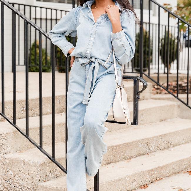 One More Time Long Sleeve Belted Denim Button Up Jumpsuit FINAL SALE Product Image