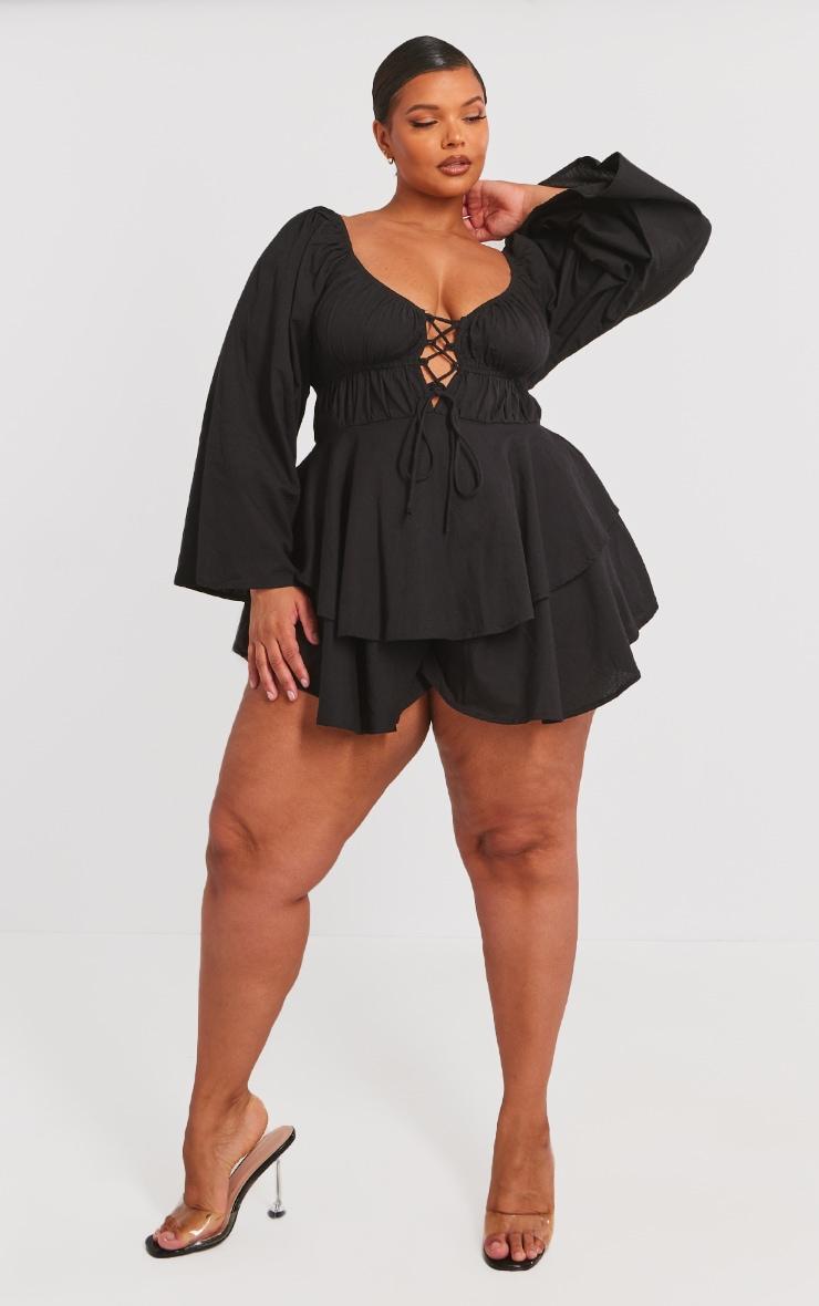 Plus Black Lace Up Long Sleeve Romper Product Image