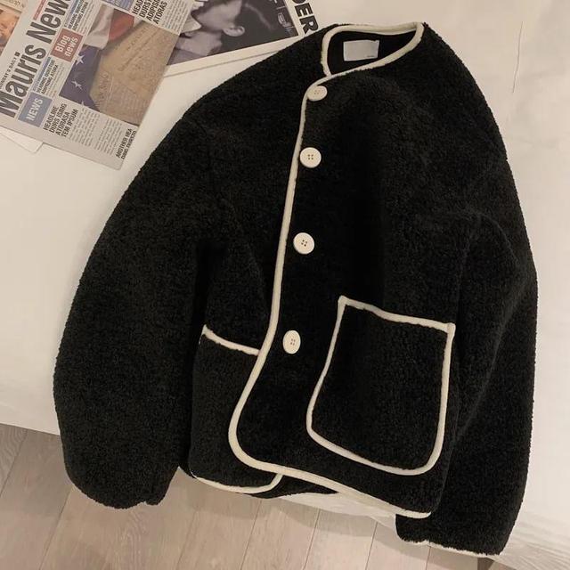 Round Neck Contrast Trim Fleece Button Jacket Product Image