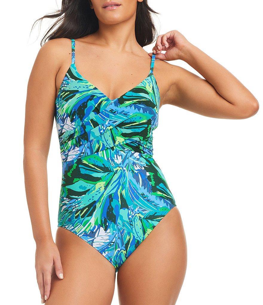 Beyond Control The Tanya Tropical Palm Print V-Neck Ruched Front Low Scoop Back One Piece Swimsuit Product Image