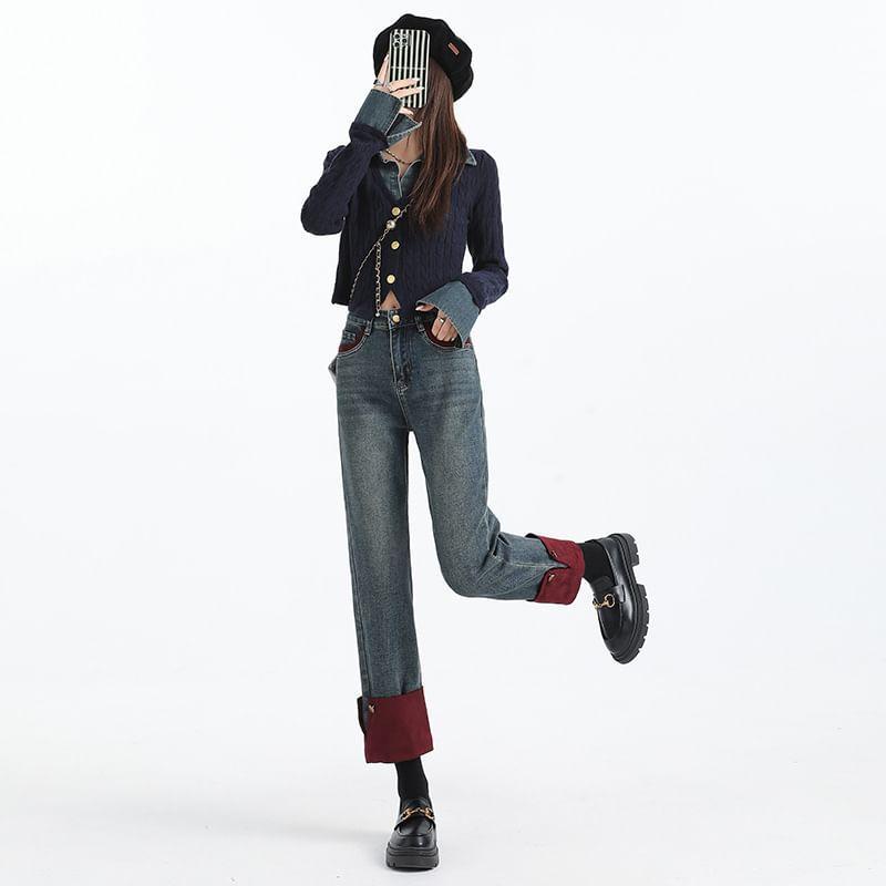 High Rise Washed Fleece-Lined Wide Leg Jeans Product Image